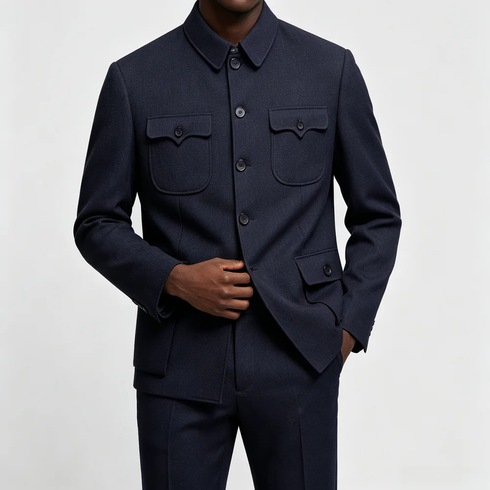 Classic Men's Zhongshan Suit Set – Dark Grey Two-Piece Suit, Mandarin-Inspired Collar, Four Front Pockets & Two Interior Pockets