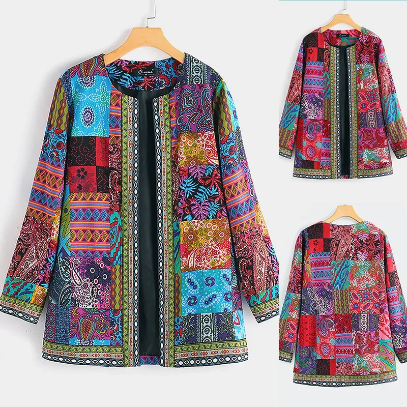 

Women's Jackets 2024 Ethnic Printed Cardigan Thin Coats Casual Vintage Blusas Open Stich Long Sleeve Overcoats Plus Size M-4XL