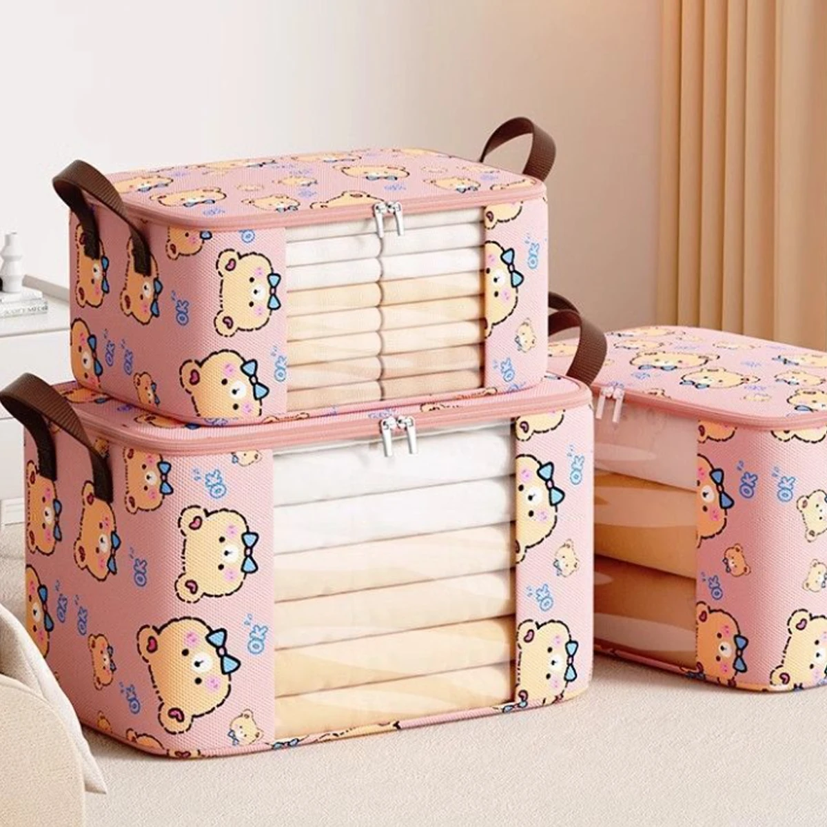 Large Capacity Seasonal Clothing Storage Bag With Visible Window Cartoon Pattern, Suitable For Storing Clothes And Bedding, Etc