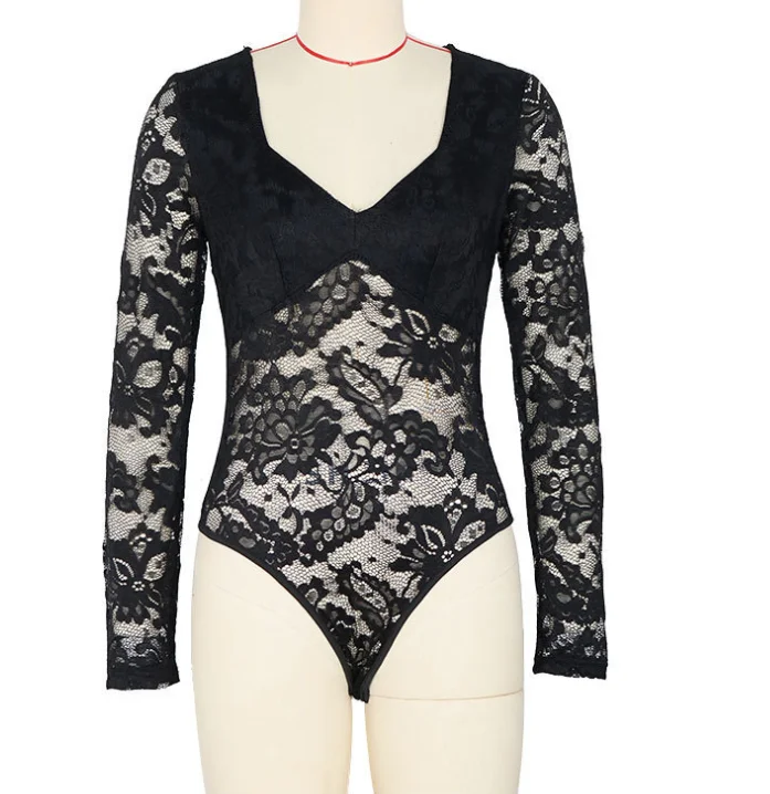 

New Women's Square Collar Lace Patchwork Jumpsuit Sexy Long Sleeved Jumpsuit Fashionable Retro Perspective Jumpsuit