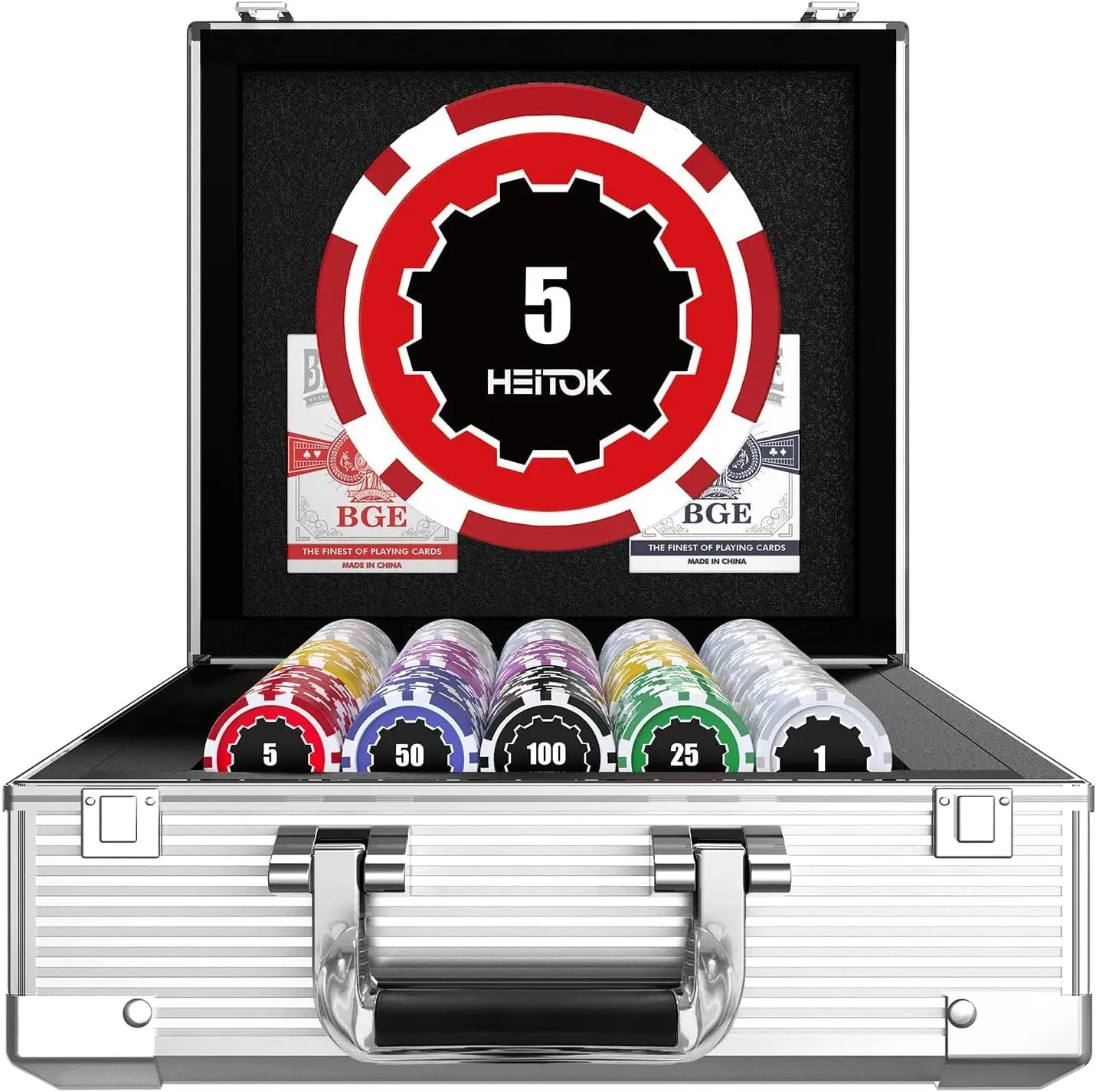 

Poker Chips with Denominations, 600-pcs 11.5g Numbered Chips Set, 5 Dice, 2 Decks Poker, with Aluminum Case