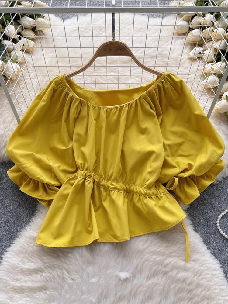 EWQ Summer Casual Irregular Blouse Women Round Neck Puff Sleeves Lace-up Gathered Waist Solid Color Tops 2024 New 27C310