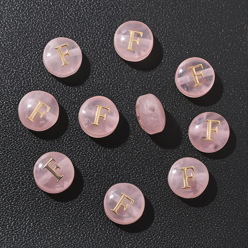 5pcs Cross hole Natural Rose Pink Quartz Stone Alphabet Bead 8mm Round Charms 26 Letter A-Z Beads For DIY Necklace Bracelet Acce view 6