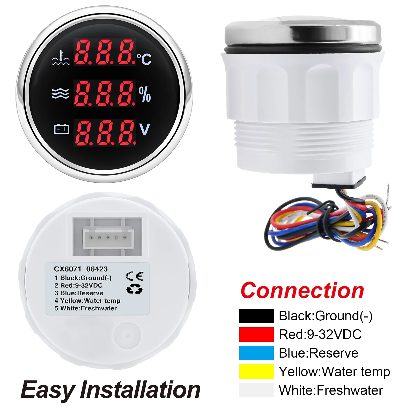 Sensor Level air 100-600mm + 3 dalam 1 suhu air + Level air + Voltmeter dengan Alarm 0-190 ohm 52mm pengukur otomatis kapal Yacht 12V 24V