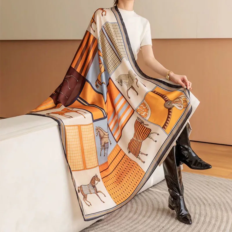 

Satin High-end Printed Imitation Silk Fashionable Versatile Scarf Warm Outer Shawl Sun Protection and Head Cover