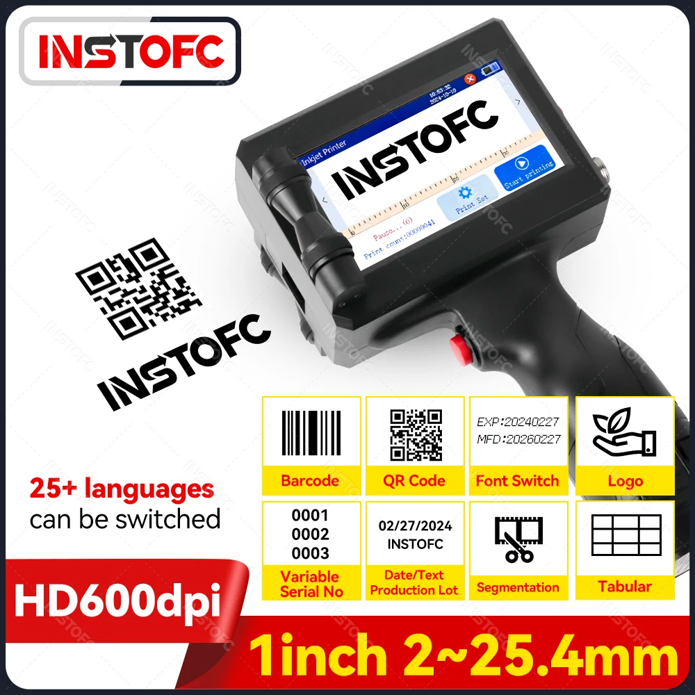 25.4mm 1inch Handheld Inkjet Printer QR Barcode Batch Number Logo Expiry Date Portable Printer Gun 25 Languages Non-encrypted