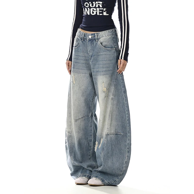 YIBASHU Women Ripped Jean American Retro Denim Blue Pants Y2k Design High Street Wide Fit Cowboy Japanese Harajuku Long Trousers