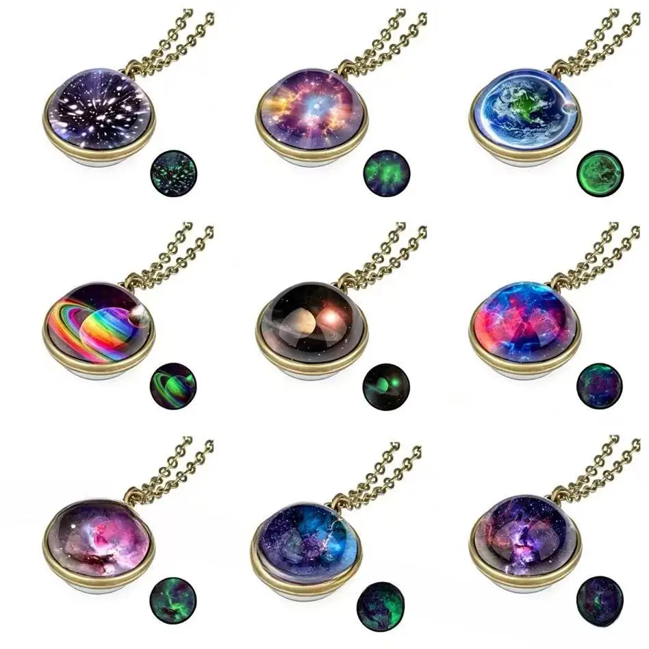 18mm Night Glow Double-sided Glass Sphere Pendant Nebula Galaxy Solar System Link Chain Necklace Universe Planet Jewelry Gift