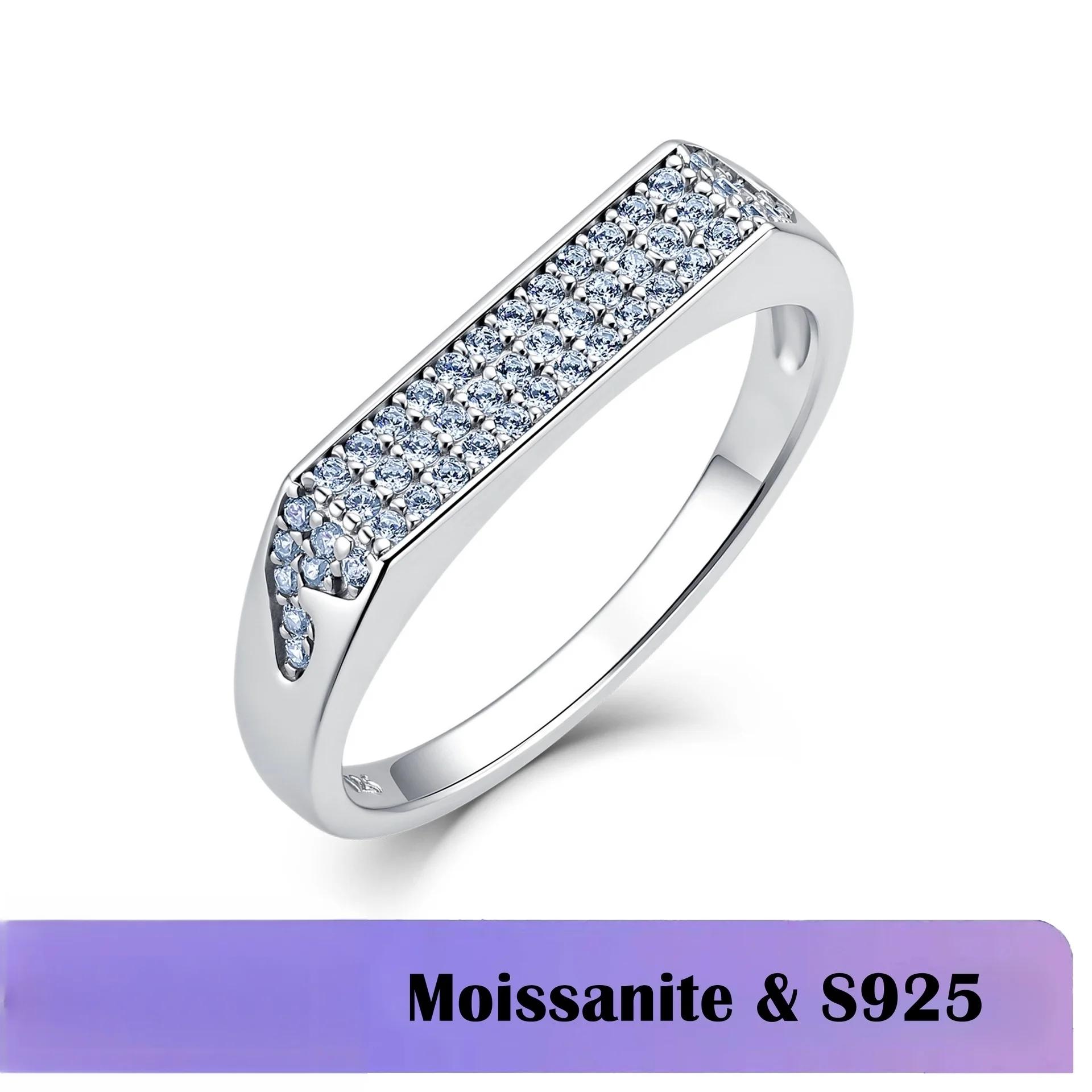 S925 Sterling Silver Rectangle Channel Set Moissanite Ring, Micro Pave Full Diamond Band, Unisex Luxury Wedding Band Fine Jewelr