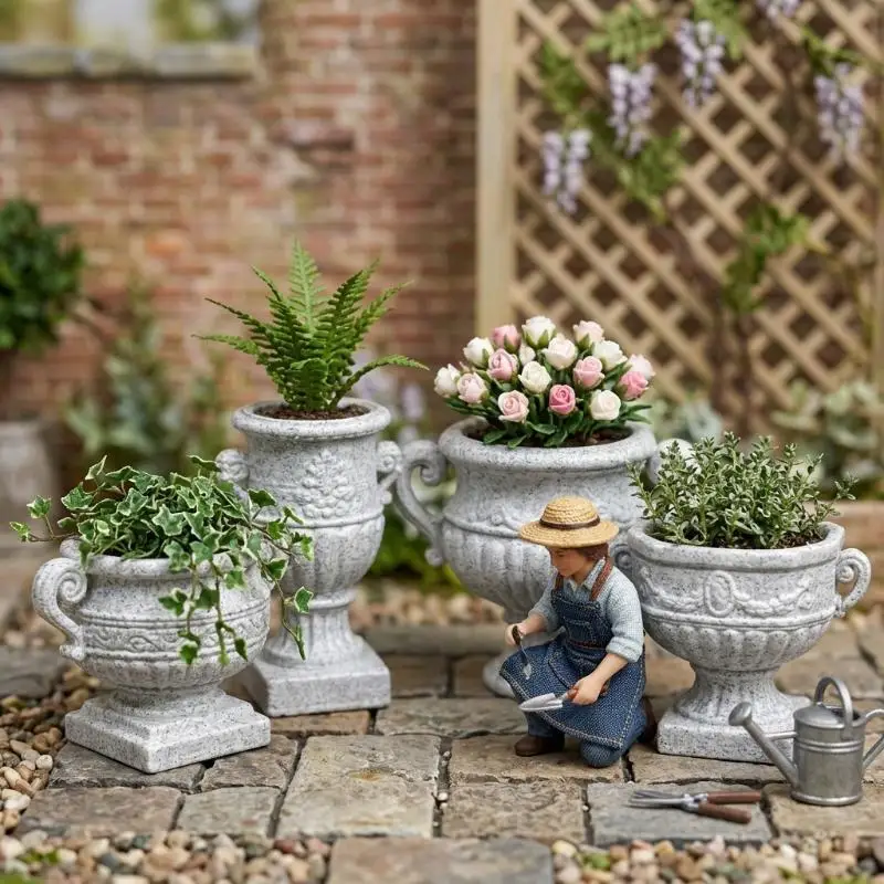 【M】Dollhouse Mini Retro Flower Pot Model Vintage Simulation Garden Planter Ornament Micro Landscape Scene Decor Accessories