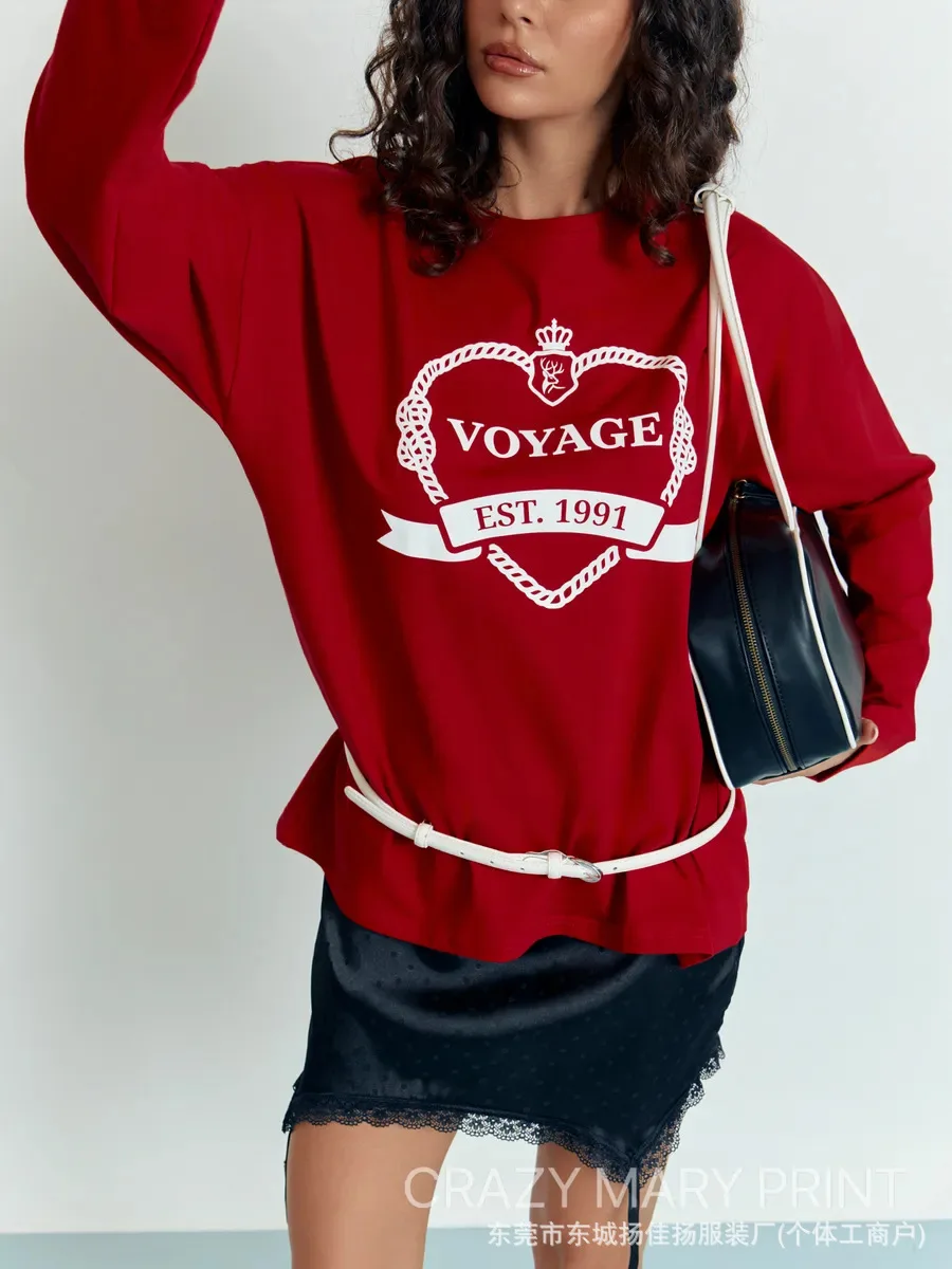 Women Long Sleeve T‑Shirt 100% Cotton Retro Heart Crown VOYAGE EST.Graphic Print Crewneck Loose Casual Streetwear Tee Shirts