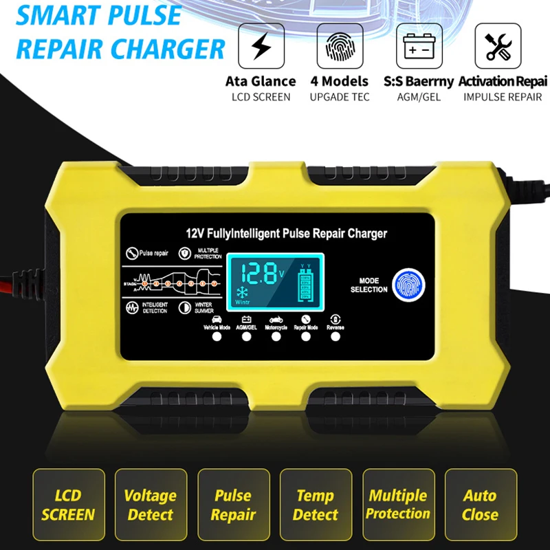 Car Battery Charger 12V 6A Smart Fully Automatic Battery Charger with Touch Screen Car Truck Motorcycle Lead Acid Batteries