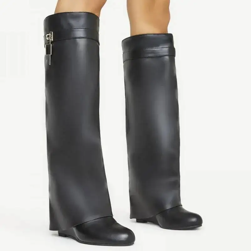 Wide-calf Wedge Heel 10.5 Knee High Boot Design Shark Lock Women Boots Motorcycle Genuine Leather White Red Boots Shoes