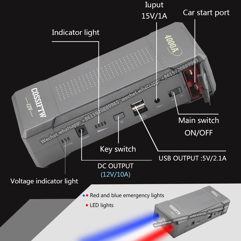 Updated 24000mah 4000A Car Jump Starter LED Flashlight Power Bank Auto Battery Supply Phone Notebook Smart Clamps For 12V Truck