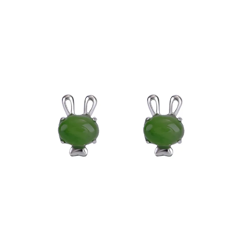 S925 Sterling Hetian Jade , Versatile And Elegant Little Rabbit Silver Earrings