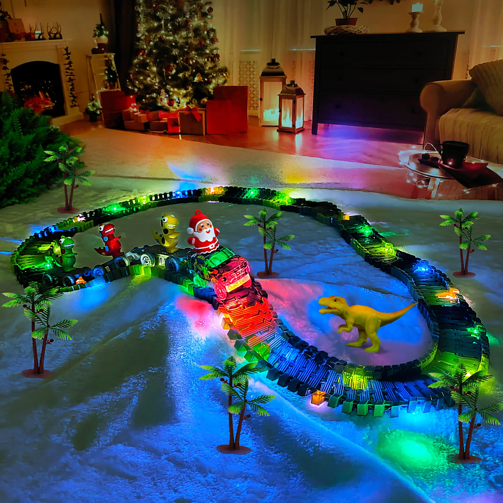 Dinosaur Toys Create A Dinosaur World Road Race-Flexible Track & Santa Claus Car for 3 4 5 6 Year & Up Old Boy Girls Gift