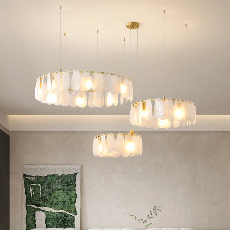 Cream coloured glass Rings Led Chandelier Lights Home Lighting Gold Lustre Chandeliers Ceiling Pendant Fixtures For Living Room