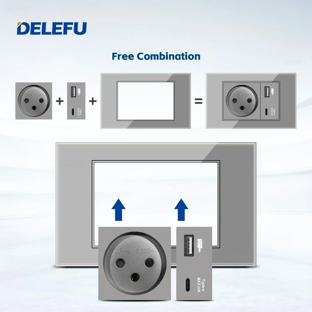 DELEFU Grey Tempered Glass Israel USB Type C Fast Charging Wall Socket Light Tuya Wifi Smart Switch Sat TV Tel Doorbell Curtain