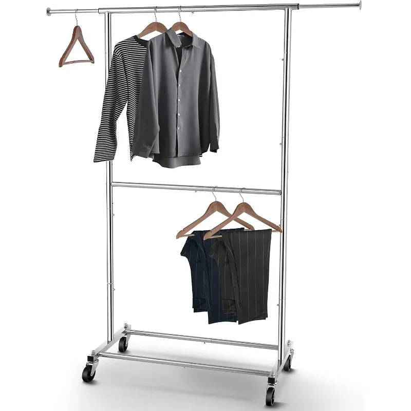 

Double Rod Clothing Garment Rack, Rolling Clothes Organizer on Wheels for Hanging Clothes, Chrome