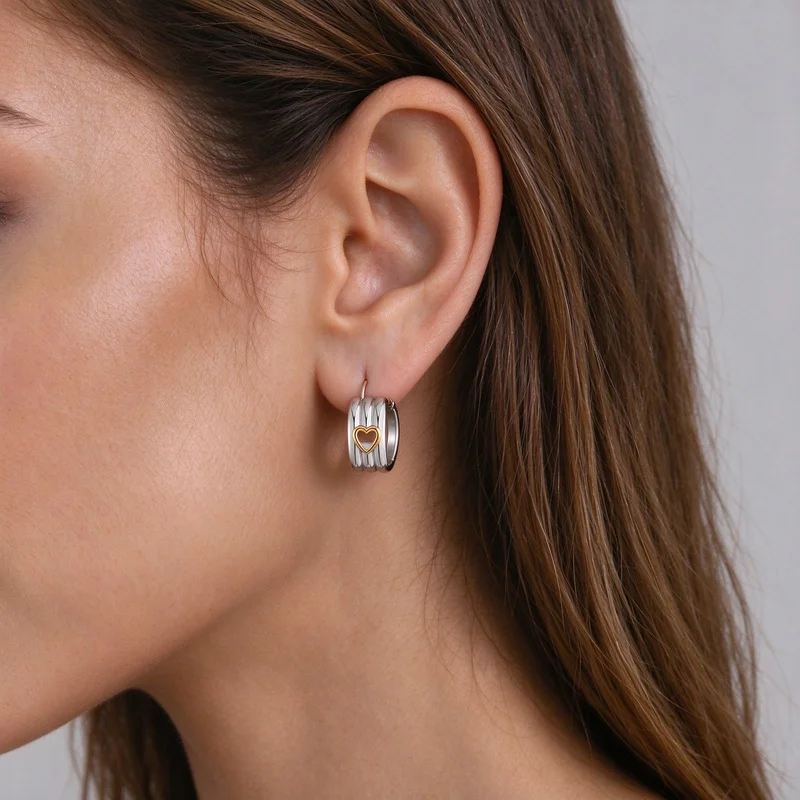 Silver Gold Plated Heart Hollow C Shape Earrings For Women, Two Tone Open Hoop Earrings With Cute Heart Charm, Stainless Steel C Hoop Earrings, Trendy Cute Jewelry Gift For Teen Girls, Everyday Office Casual Dating Party Wear, Hypoallergenic Nickel Free