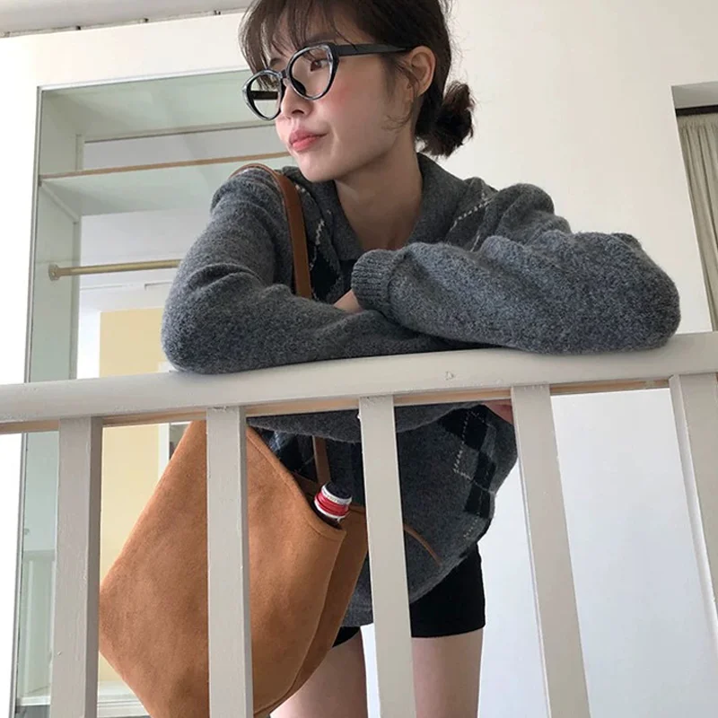 

2025 Autumn/Winter New 100% Wool Women's Knitted POLO Collar Pullover Casual Color blocked Sweater Loose Hot Selling Women's Top