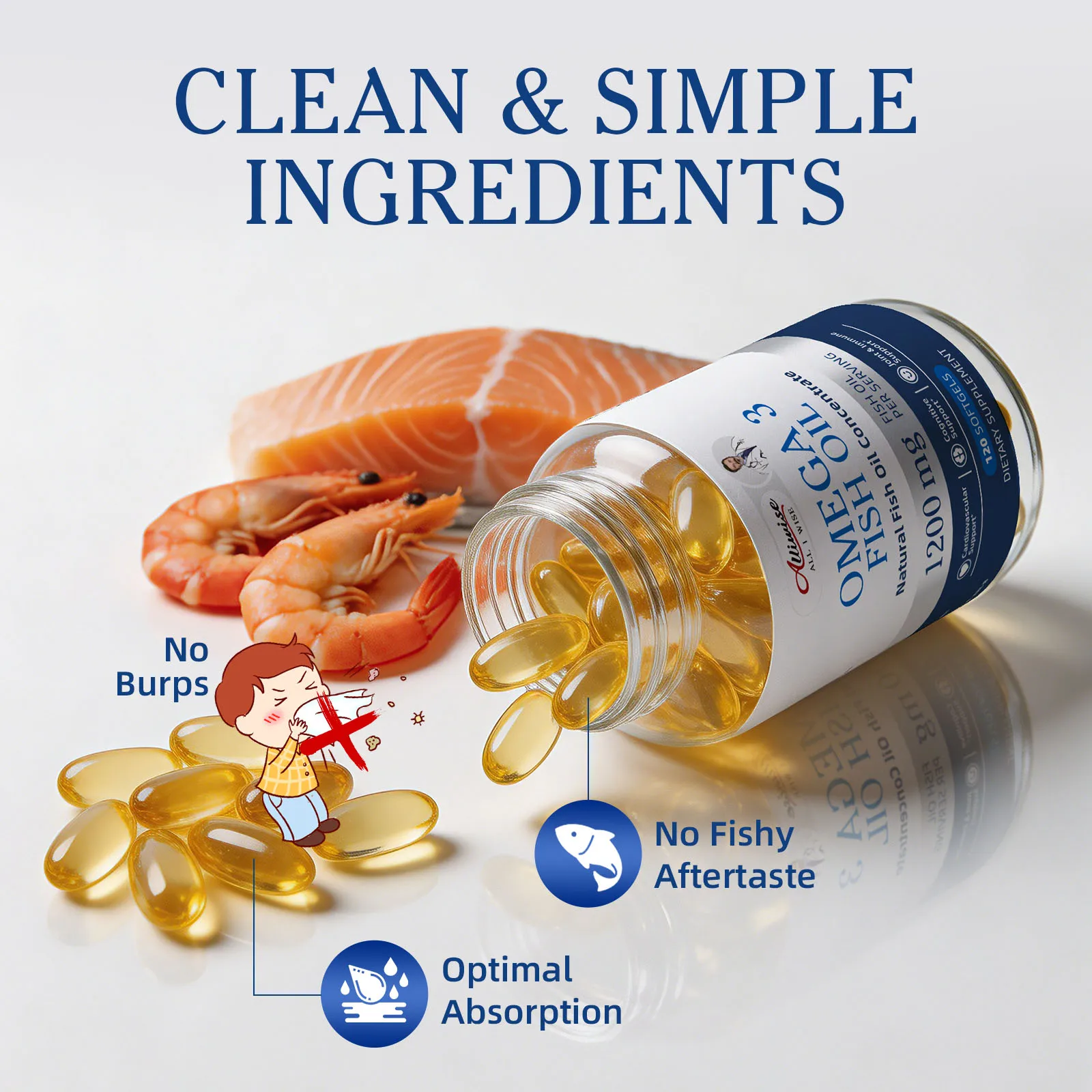 Alliwise OMEGA-3 Fish Oil Capsules Rich In DHA & EPA Relieve Stress Strengthen Brain Memory Development Intelligence Health Eyes