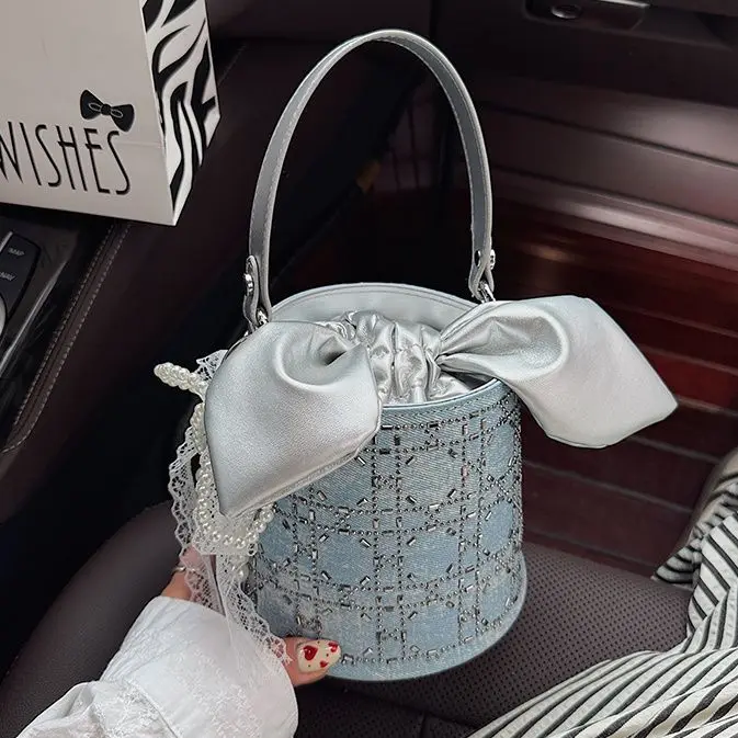 

JIAERDI Sweet Bow Cylinder Handbag Women Lace Rhinestone Drawstring Shoulder Bags Ladies Harajuku Large Capacity Crossbody Bag