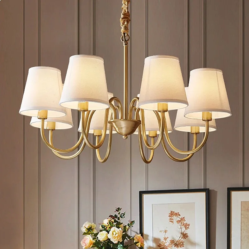 Medieval Living Room Copper Chandelier Retro Dining Room Modern Luxury Fabric Hanging Lamp Bedroom Study Simple Pendant Lighting