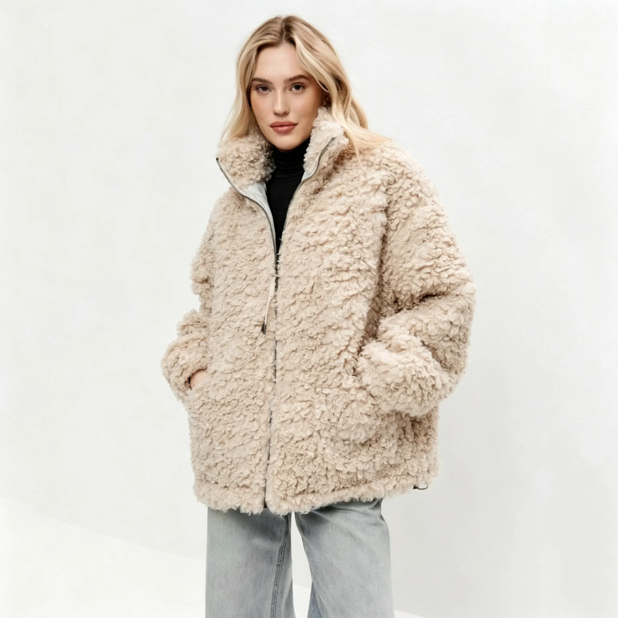 RU Women Fuzzy Fleece Jacket Stand Collar Zip Up Loose Drawstring Hem Warm Outerwear For Autumn Winter Daily Casual Street Wear
