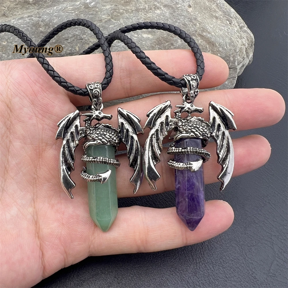 10PCS Natural Gems Tiger Eye Stone Aventurine Crystal Quartz Amethysts Hexagonal Vintage Dragon Pendant Hide Rope Necklace FR003