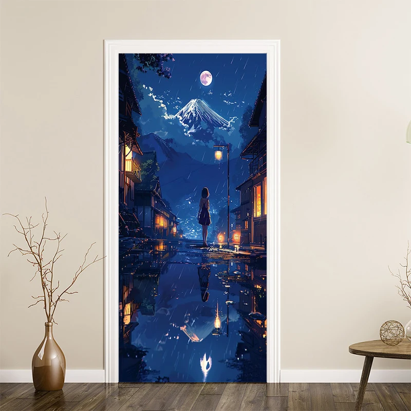 Magical Anime Art Door Cover Sticker, Fantasy Couple Sunset Cave Temple Print PVC Door Decal for Bedroom Game Room Home Decor