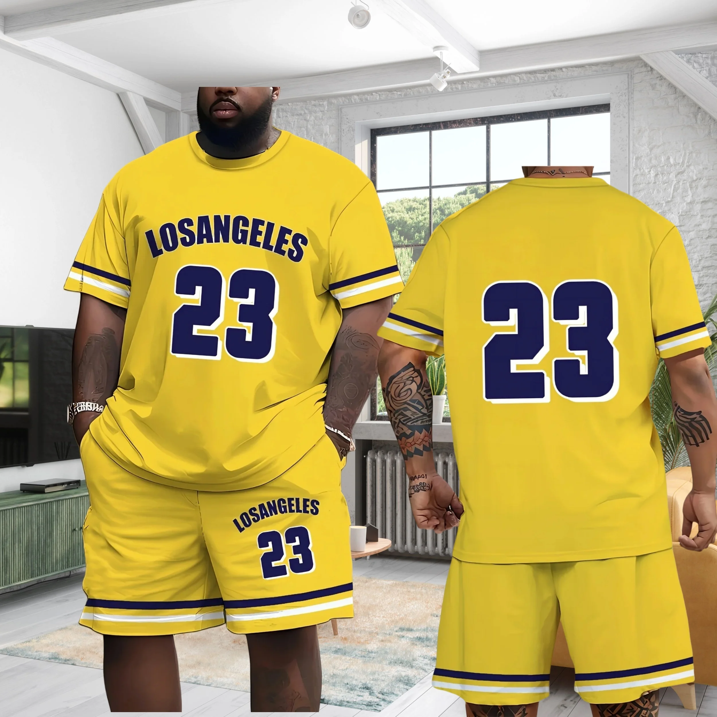 

New Summer Set Men's T-shirt Trendy Men's Street No. 23 Printed Round Neck Men's Set Fashionable Handsome Sports Two Piece Set