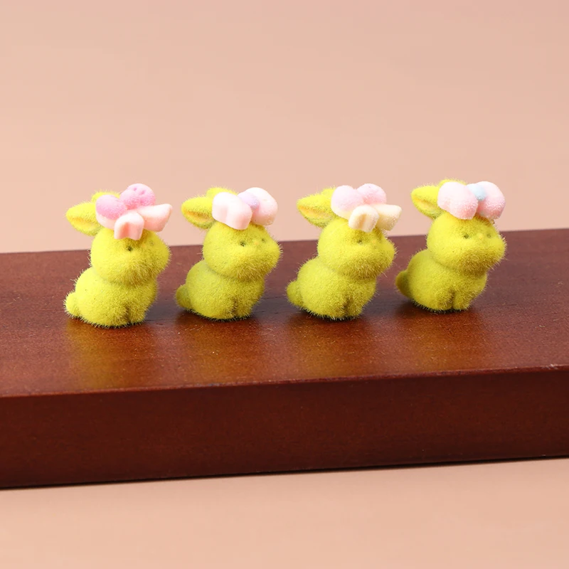 Cute Bow Rabbit Figurines 3D Flocking Bunny Statue Doll Model Dollhouse Mini Landscape Decorations
