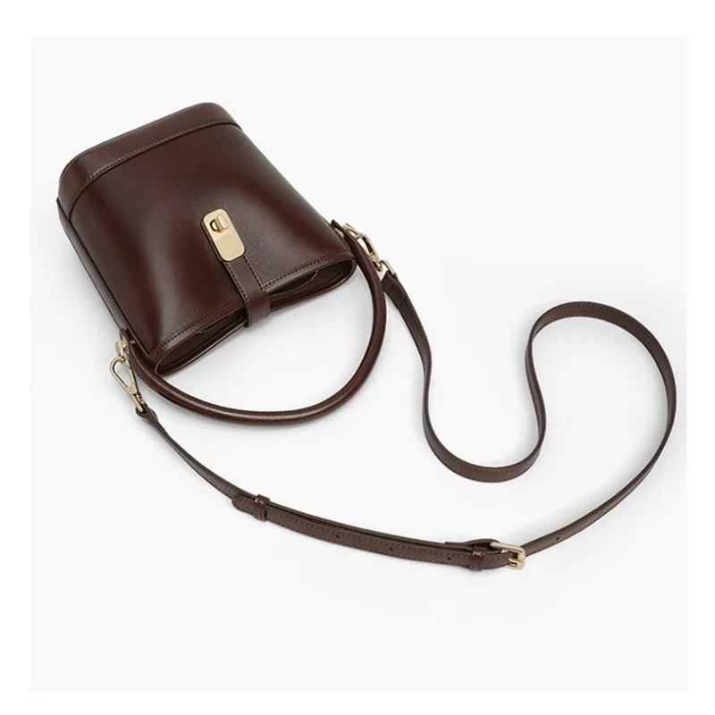 Women's Luxury Genuine Leather Bucket Bag Vintage Convertible Top Handle Work Office Minimalist Logo Free with Pendant