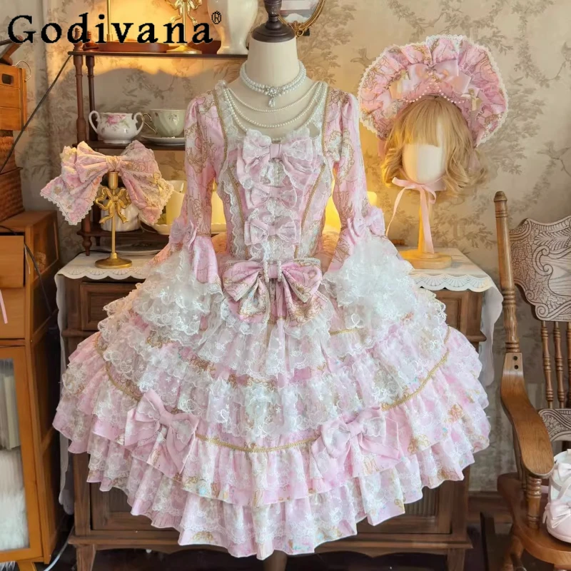 Doce estilo princesa rosa lolita vestidos op 2025 novo feminino doce arco renda vestido de casamento da menina y2k festa de aniversário cos vestido