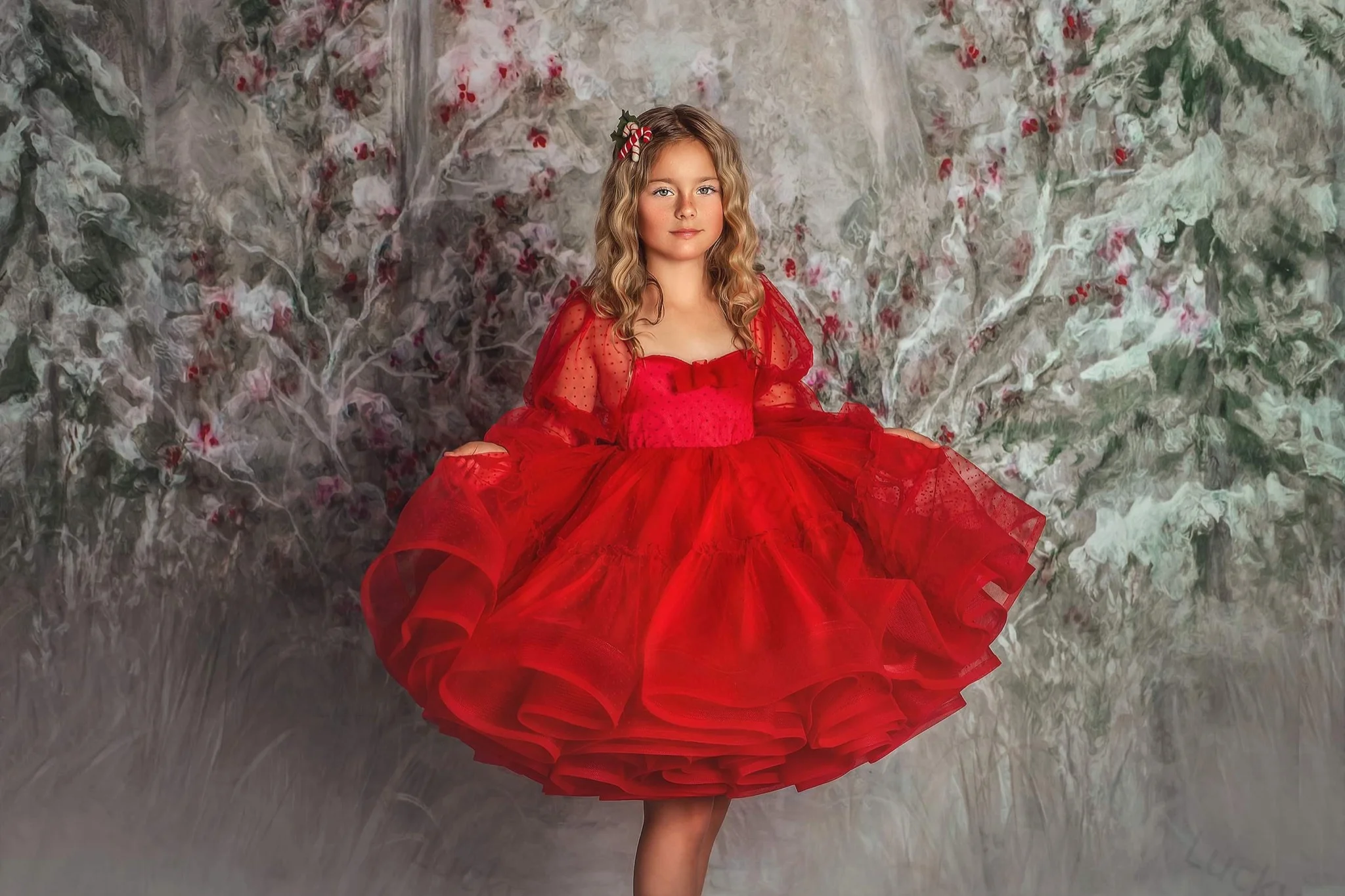 Vestido de baile de manga comprida fofo para meninas, vestidos de flor vermelha, vestidos de aniversário infantil, babados em camadas, vestidos de fotografia