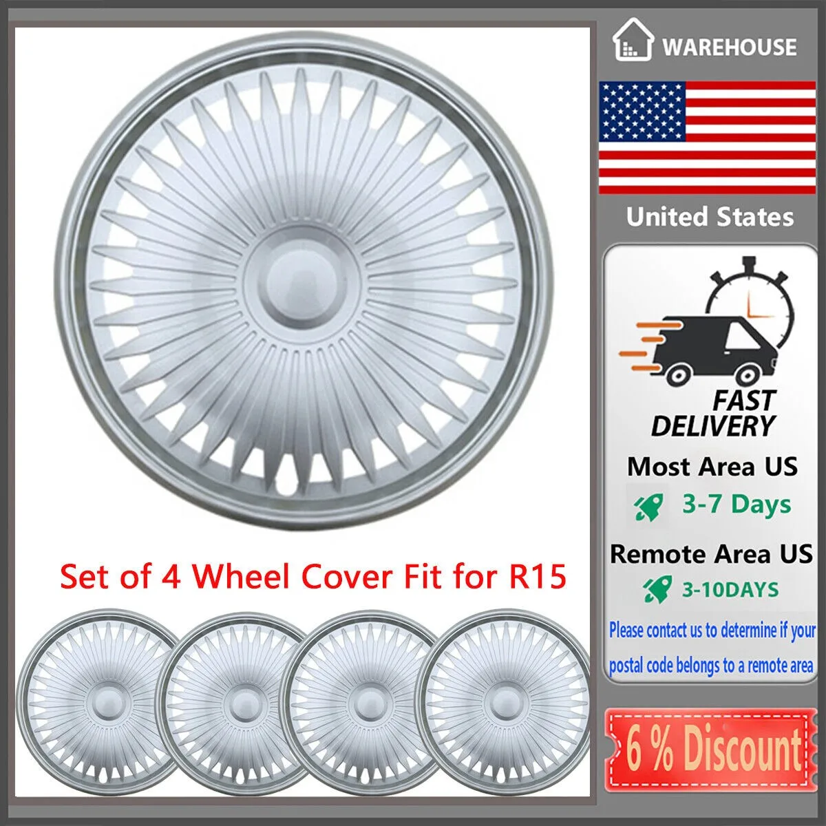 

Set of 4 Wheel Hub Caps Cover Full Rim Snap On Cover Fit R15 Tire Wheel White US