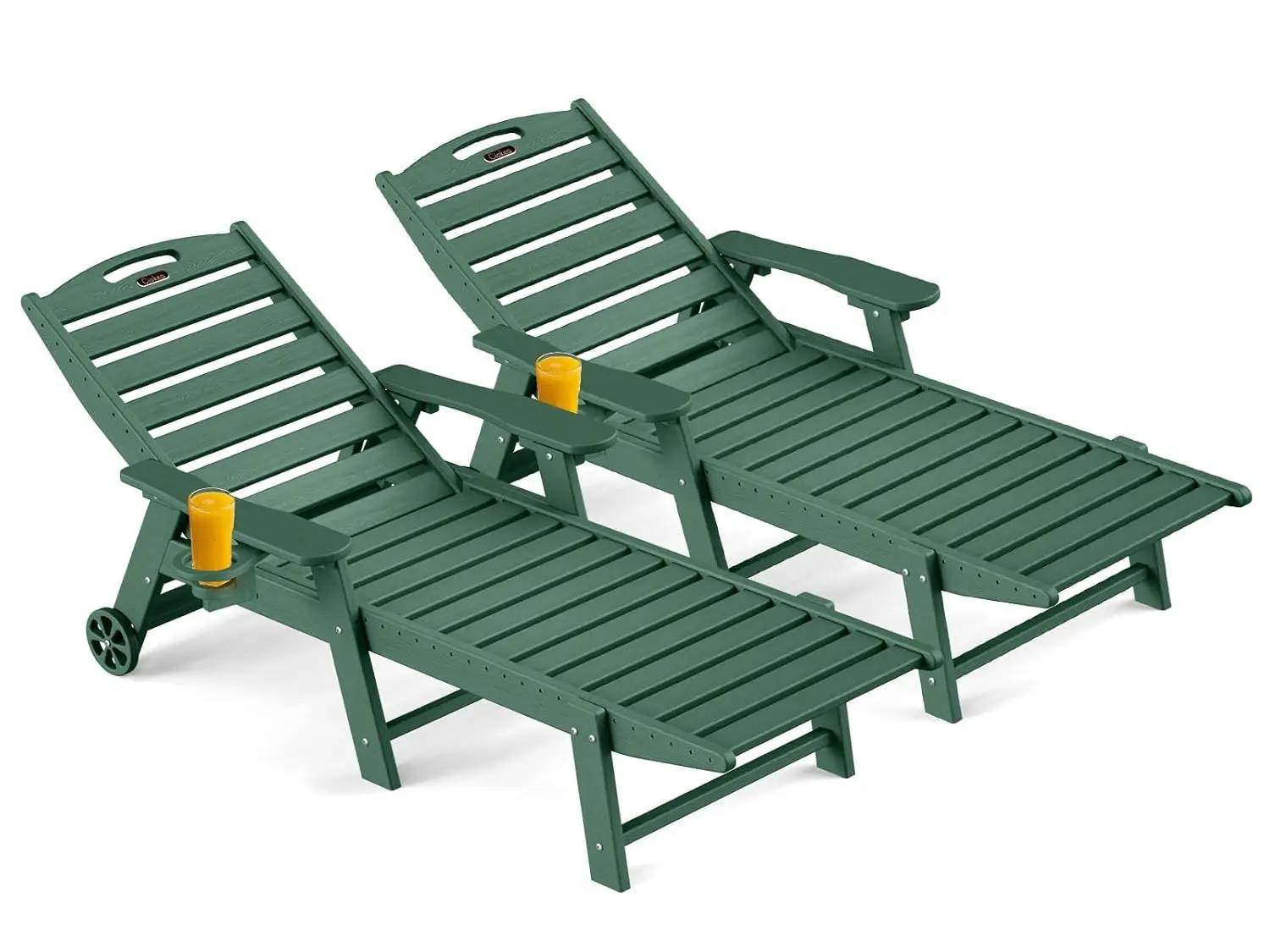 HDPE Lounge Chair Set of 2, Outdoor Chaise with Wheels & Cup Holder, 5-Position Recliner for Pool & Deck, Green, Customized
