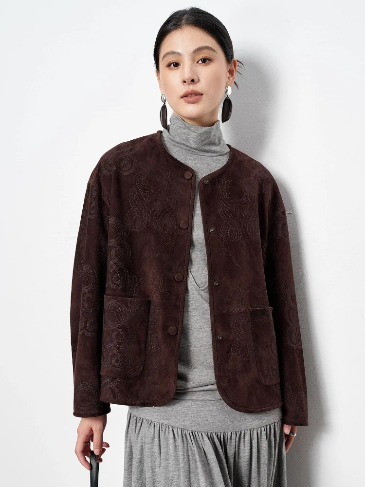 

Vintage Short Genuine Leather Embroidery Jackets for Women 2026 New High-end Simple Classic O-neck Real Goatskin Suede Coat
