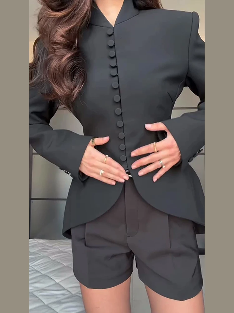 Einreihiger Taillierter Meerjungfrauen-Anzug Blazer für Damen Eleganter V-Ausschnitt Langarm Einfarbiger Schlanker Mantel Modische Damen-Oberbekleidung Neu – Detail 24