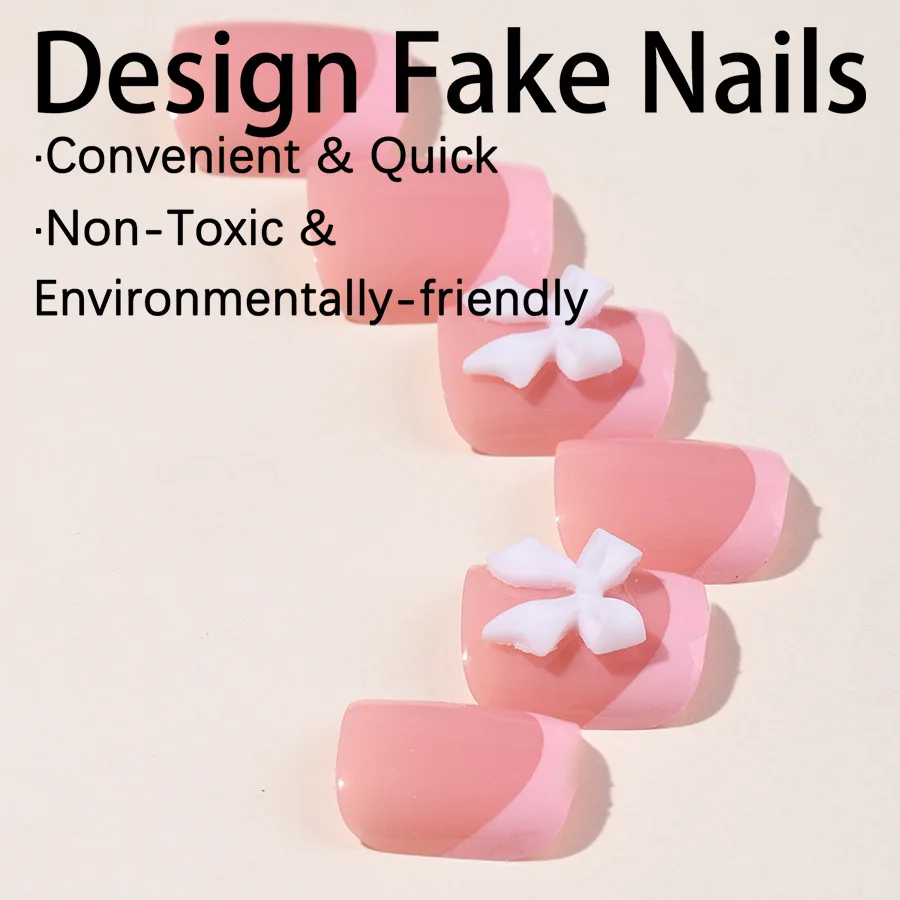 Uñas postizas para pies, juego de manicura con diseño de lazo blanco, color rosa francés, 24 piezas, Verano