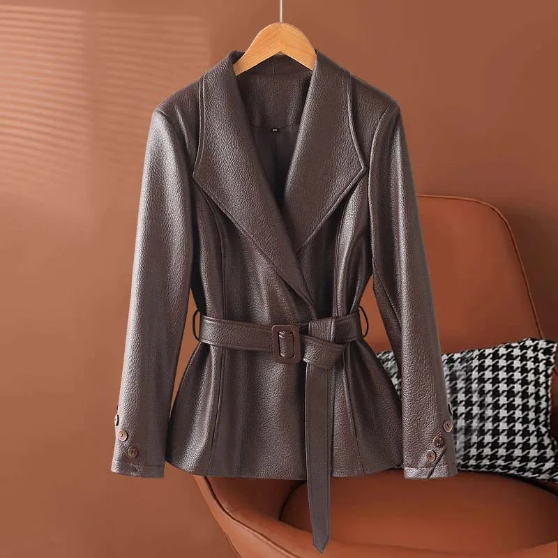 2026 Women Wide Lapel Faux Leather Jacket Belted Waist Peplum Short PU Coat Long Sleeve Slim Motorcycle Style Outerwear Ladies
