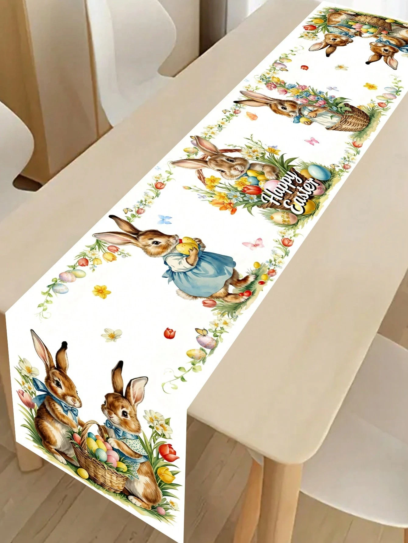 1 Stück Oster-Tischläufer aus Leinen mit 2D-Druck - Hasen, Korb, Eier & 'Happy Easter' Muster Tischdekoration für Küche und Wohnzimmer, Festlich