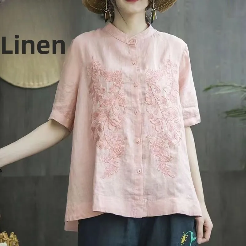 순면 자수 루즈핏 스탠드 칼라 예술적 스타일 여성 루즈핏 캐주얼 탑 린넨 같은 소재