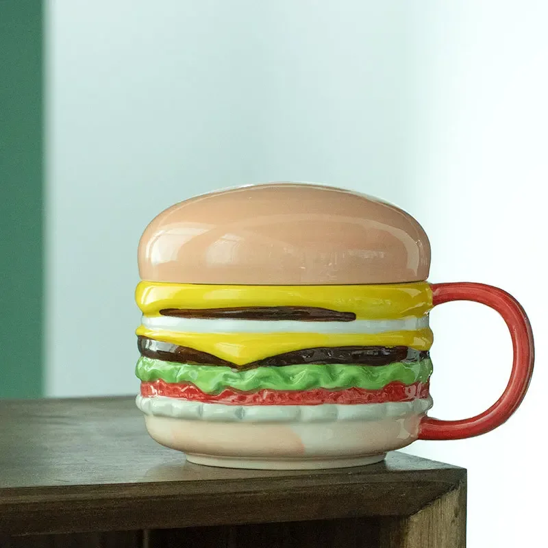 

Новая керамическая чашка для гамбургеров в европейском стиле, чашка для воды, чашка для молока, креативная кружка с крышкой, подглазурная цветная кружка для кофе и Майка