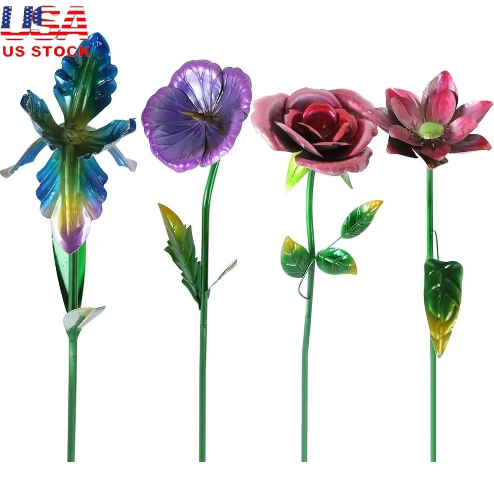 

Metal Flower Garden Stake Outdoor Art Decor 4 Pcs Cute Floral Yard Ornament Durable Weather Resistant Decorative Garden Stakes