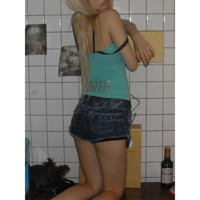 Y2K Sexy Spice Girl Fake Two Piece Halter Camisole Ins Polka Dot Splice Lace Silver Hot‑stamp Lips Cropped Tops