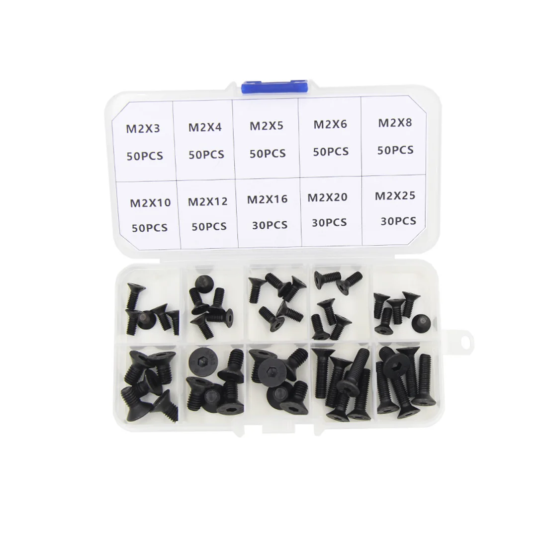 Multi-Size Combination Set of M2--M5 Countersunk Head Hex Socket Screws, DIN7991, Carbon Steel Grade 10.9, Black Oxide Finish