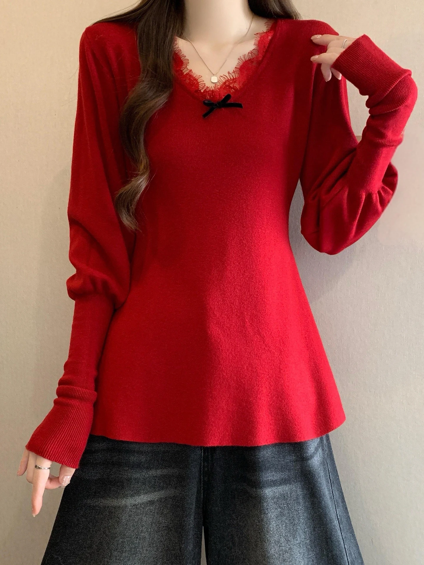 

Retro Lace Trim V-Ne Knitwear Women's Autumn Winter plus Size Slimming Waist Cinched Base irt Top Korean Sle Long Sve