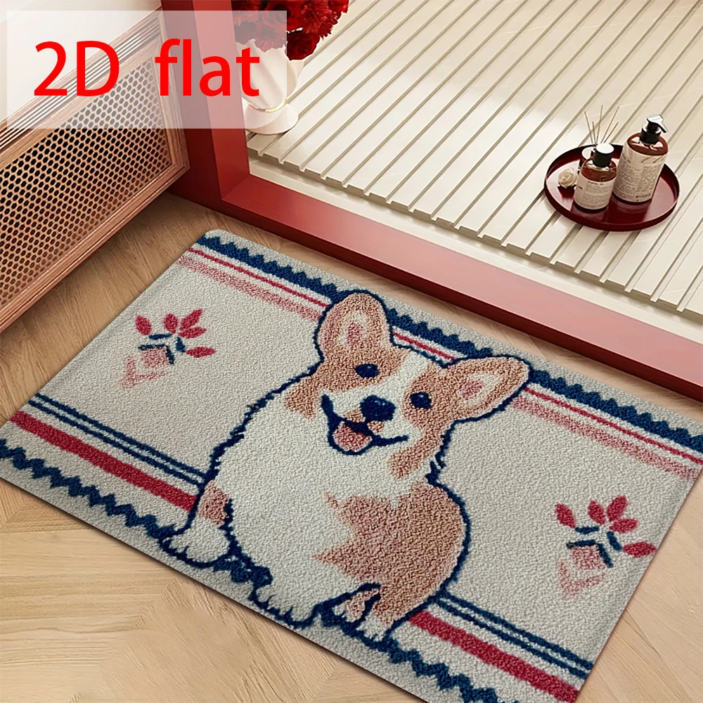 VIKAMA Corgi Dog Stripe Border Cute Pet Smile Animal Art Flannel Door Mat Non Slip Entryway Bedroom Living Room Home Decor Soft